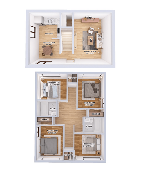 Floor plan for 4 beds, 2 baths, 1200 sqft